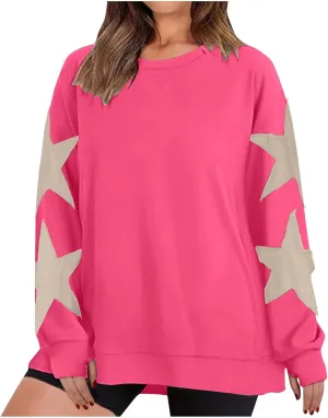 Women's Casual Loose Color Matching Round Neck Long Sleeved T-shirt ，Loose Top Long Sleeved Round Neck Star Tops