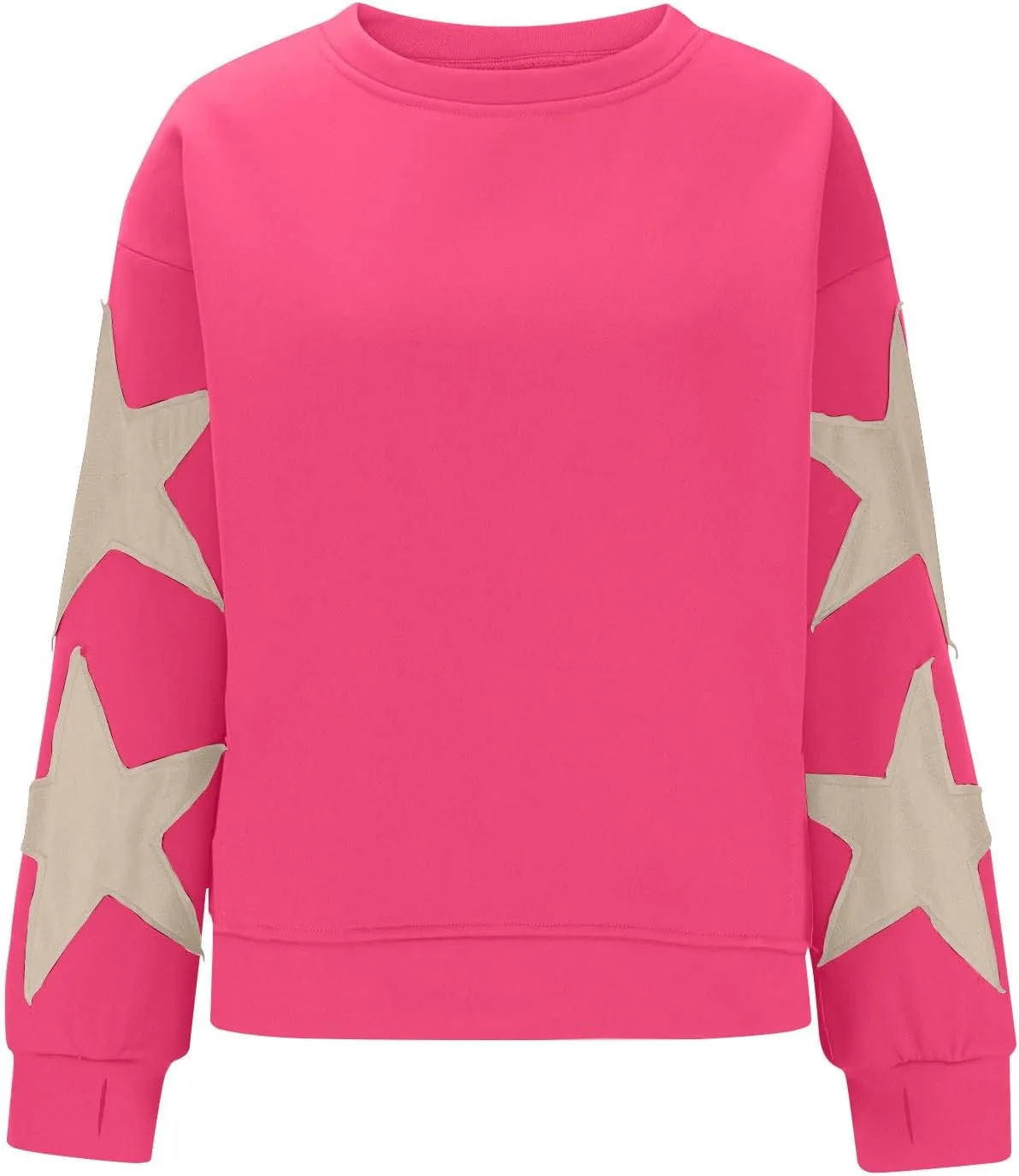 Women's Casual Loose Color Matching Round Neck Long Sleeved T-shirt ，Loose Top Long Sleeved Round Neck Star Tops