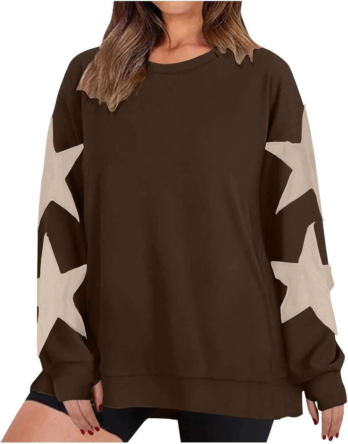 Women's Casual Loose Color Matching Round Neck Long Sleeved T-shirt ，Loose Top Long Sleeved Round Neck Star Tops