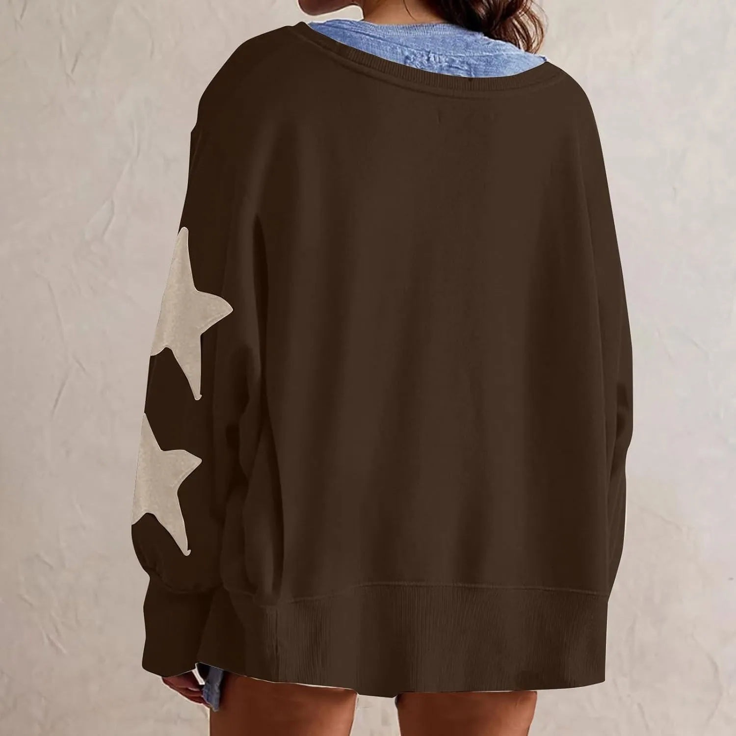 Women's Casual Loose Color Matching Round Neck Long Sleeved T-shirt ，Loose Top Long Sleeved Round Neck Star Tops
