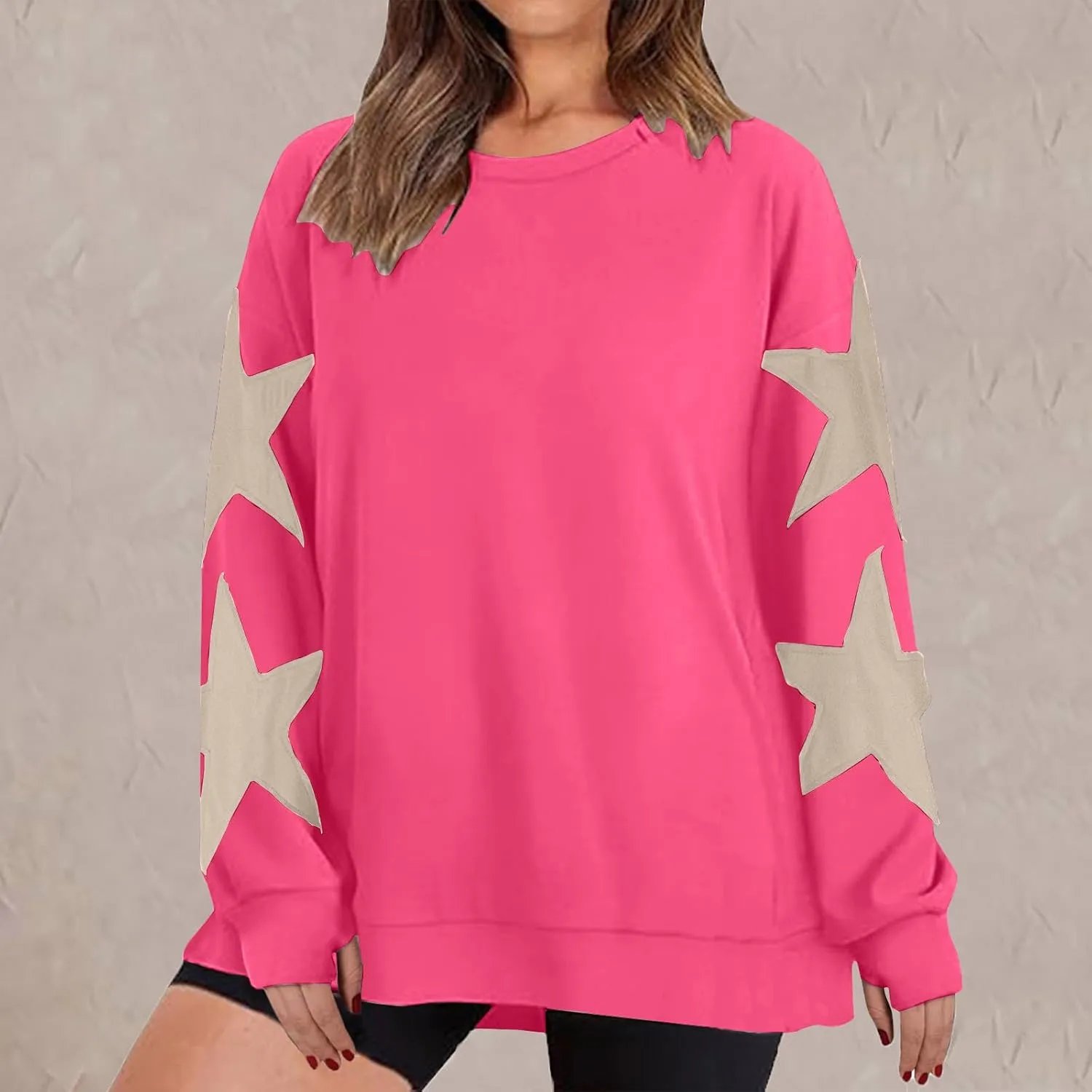Women's Casual Loose Color Matching Round Neck Long Sleeved T-shirt ，Loose Top Long Sleeved Round Neck Star Tops