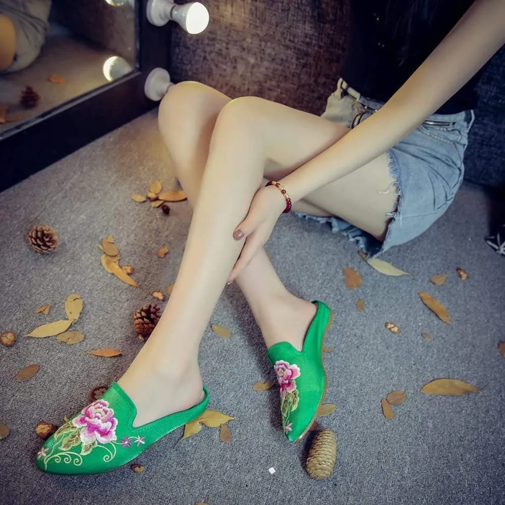 Women's Chinese Floral Peony Embroidered Flower Pointed-Toe Comfortable Satin Casual Mules Loafers Slippers Shoes