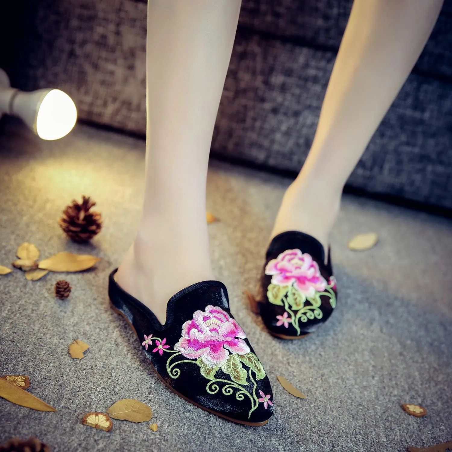 Women's Chinese Floral Peony Embroidered Flower Pointed-Toe Comfortable Satin Casual Mules Loafers Slippers Shoes