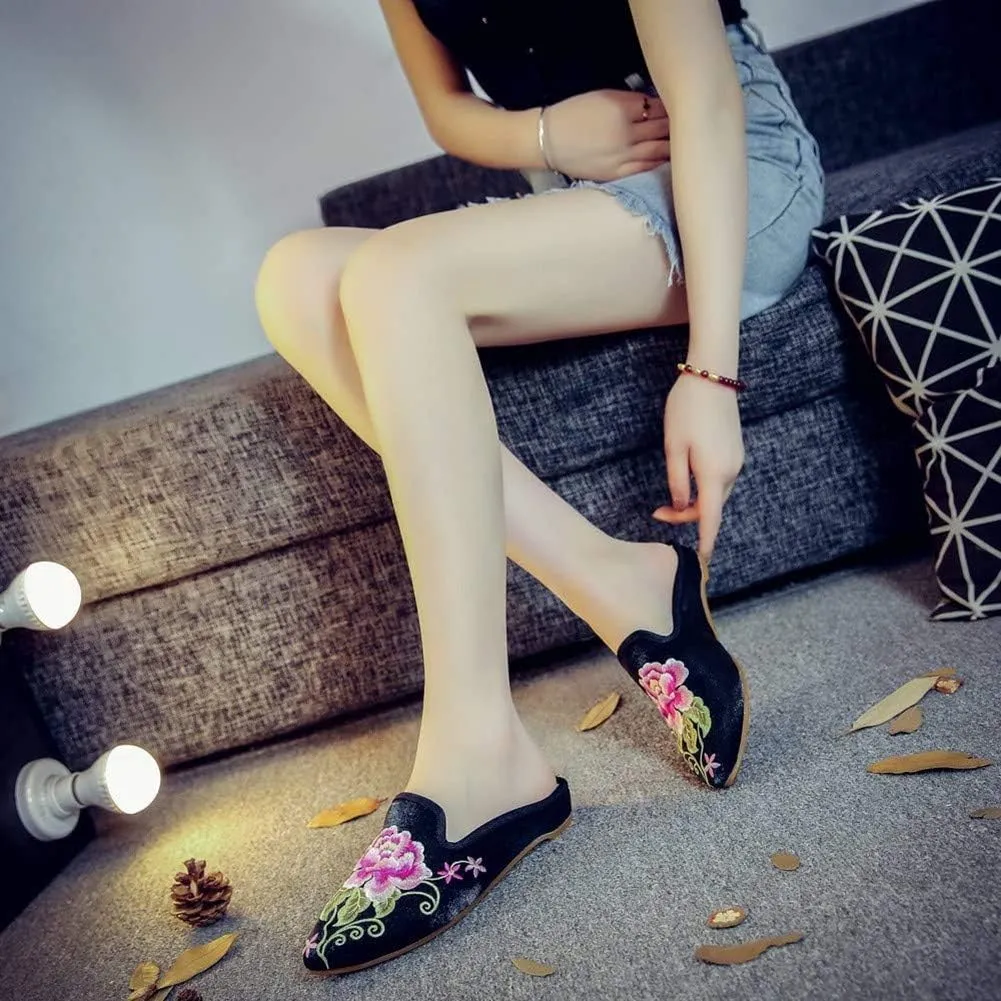 Women's Chinese Floral Peony Embroidered Flower Pointed-Toe Comfortable Satin Casual Mules Loafers Slippers Shoes