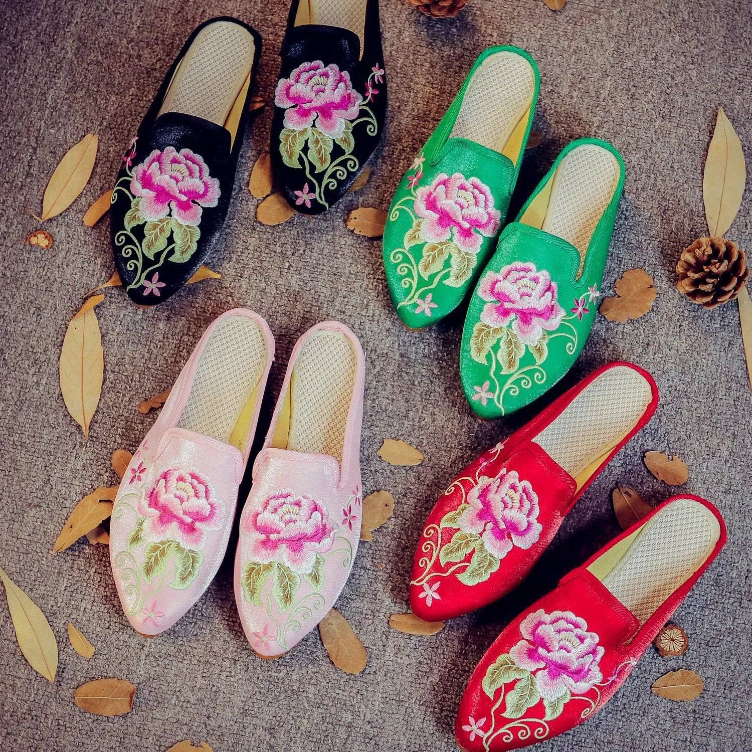 Women's Chinese Floral Peony Embroidered Flower Pointed-Toe Comfortable Satin Casual Mules Loafers Slippers Shoes