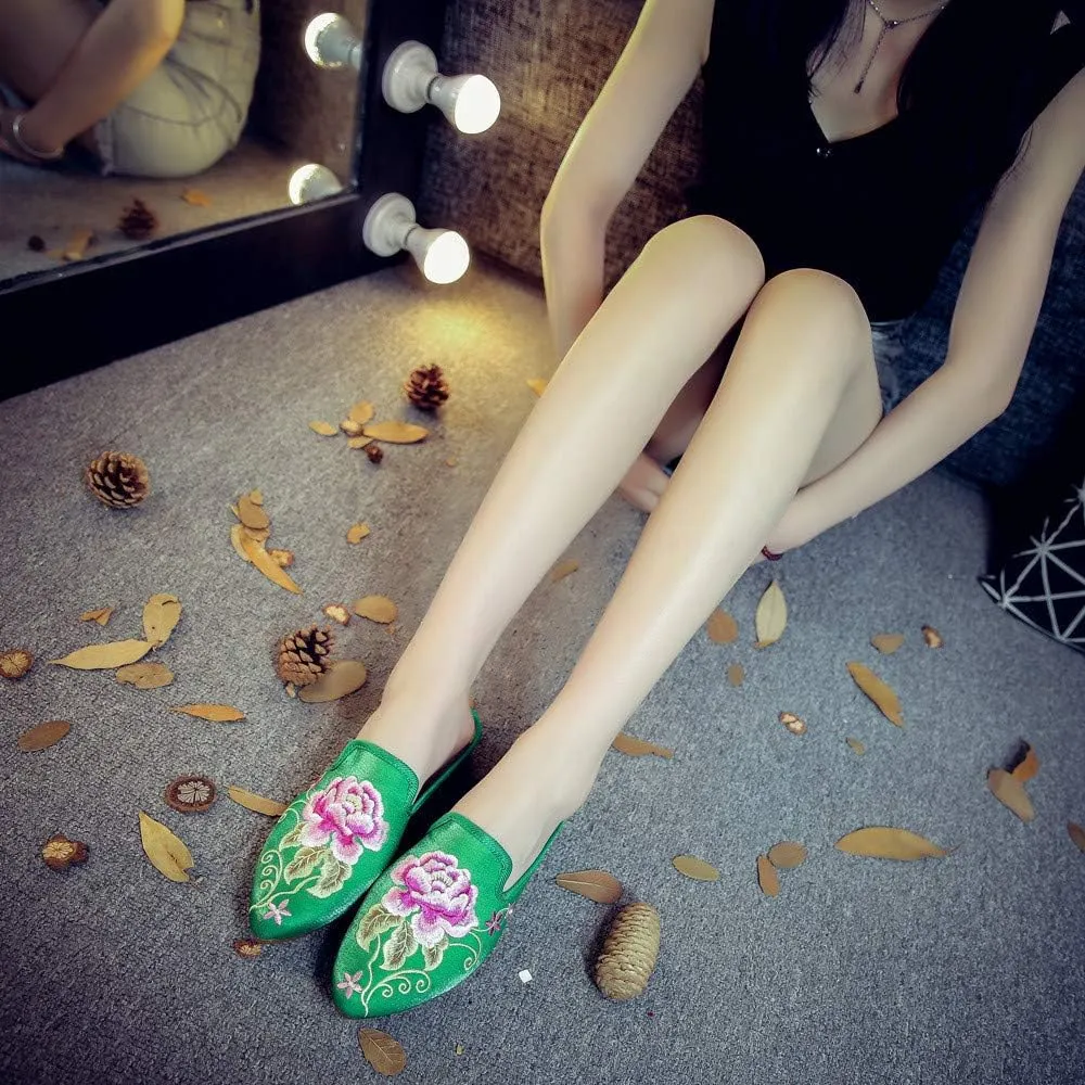 Women's Chinese Floral Peony Embroidered Flower Pointed-Toe Comfortable Satin Casual Mules Loafers Slippers Shoes