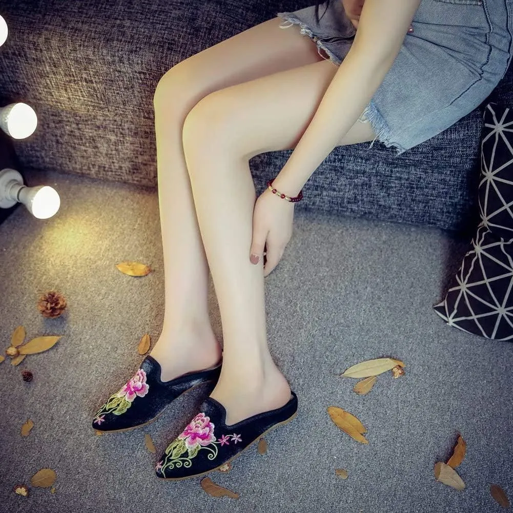 Women's Chinese Floral Peony Embroidered Flower Pointed-Toe Comfortable Satin Casual Mules Loafers Slippers Shoes