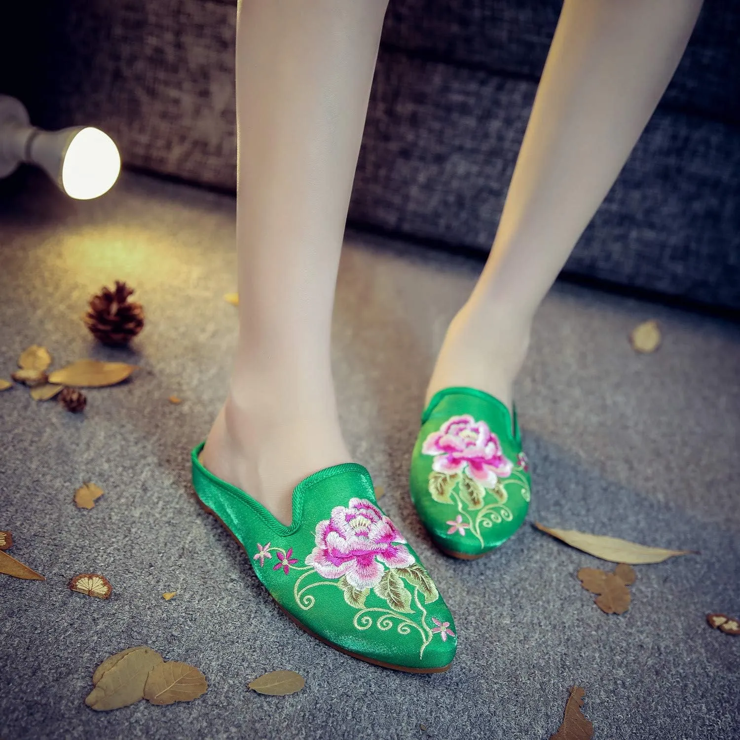 Women's Chinese Floral Peony Embroidered Flower Pointed-Toe Comfortable Satin Casual Mules Loafers Slippers Shoes