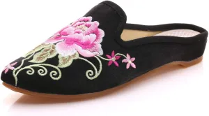 Women's Chinese Floral Peony Embroidered Flower Pointed-Toe Comfortable Satin Casual Mules Loafers Slippers Shoes