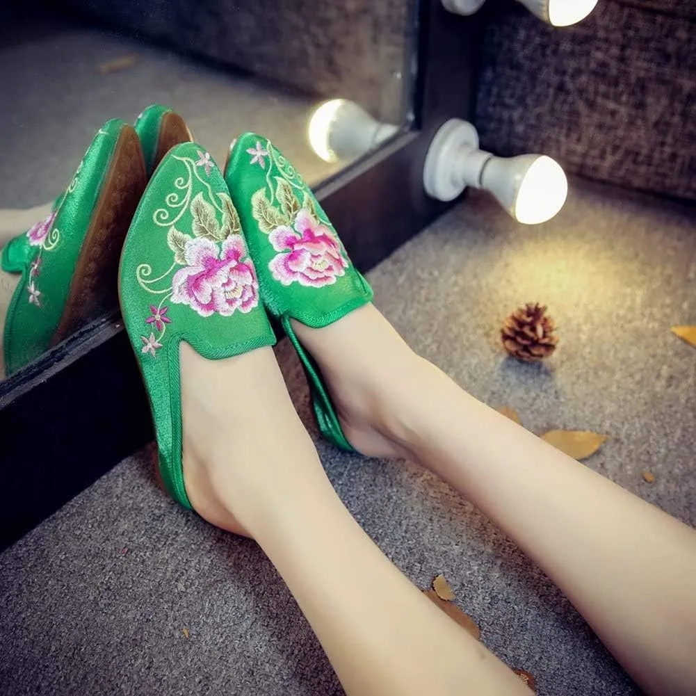 Women's Chinese Floral Peony Embroidered Flower Pointed-Toe Comfortable Satin Casual Mules Loafers Slippers Shoes