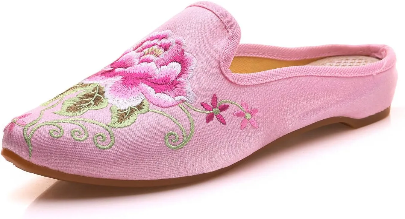 Women's Chinese Floral Peony Embroidered Flower Pointed-Toe Comfortable Satin Casual Mules Loafers Slippers Shoes