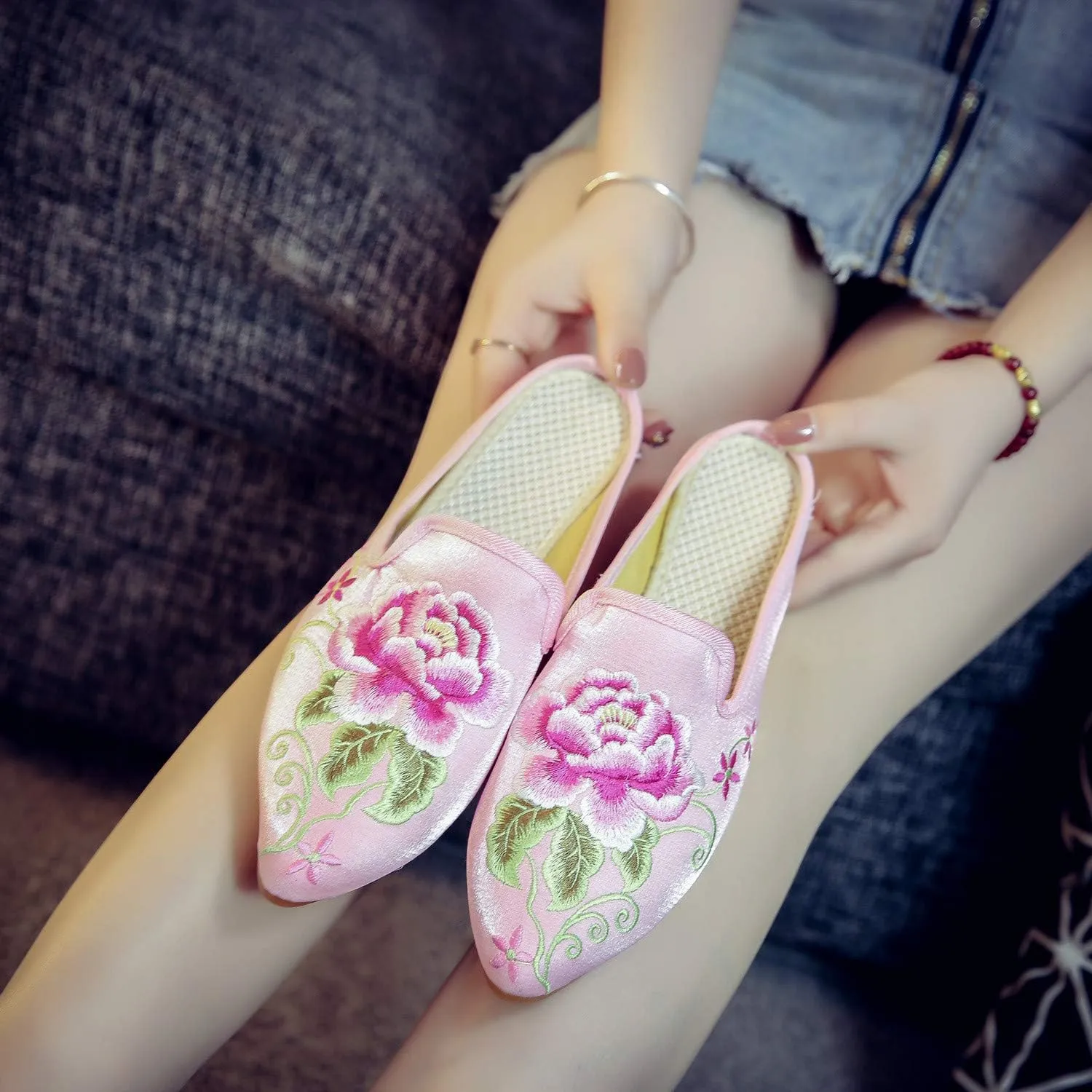 Women's Chinese Floral Peony Embroidered Flower Pointed-Toe Comfortable Satin Casual Mules Loafers Slippers Shoes