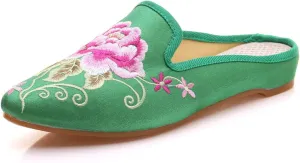 Women's Chinese Floral Peony Embroidered Flower Pointed-Toe Comfortable Satin Casual Mules Loafers Slippers Shoes