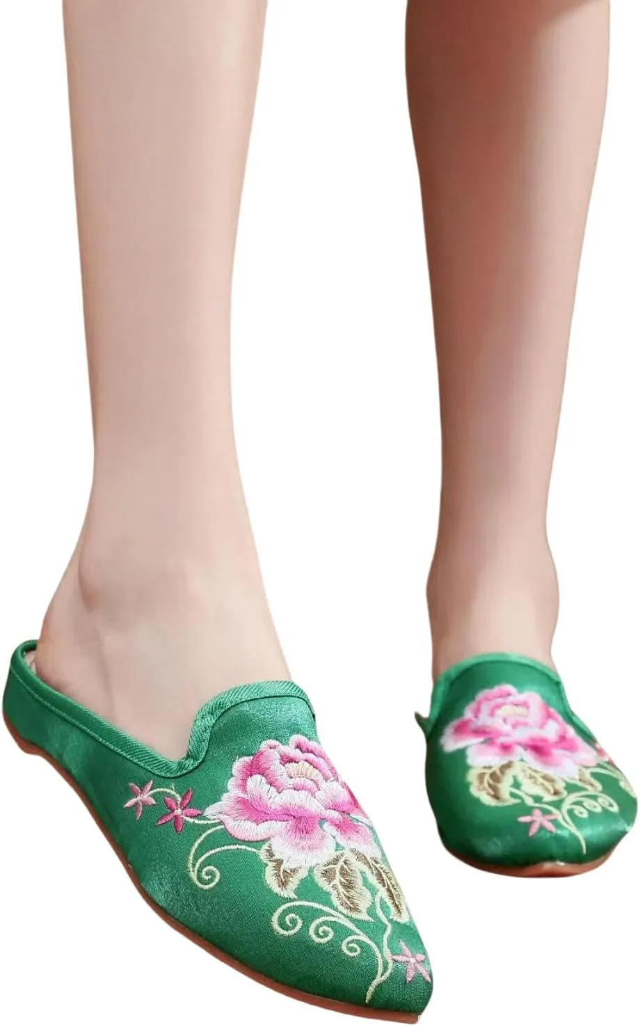 Women's Chinese floral peony embroidery with pointed toe, cosy satin, casual mules, home slippers