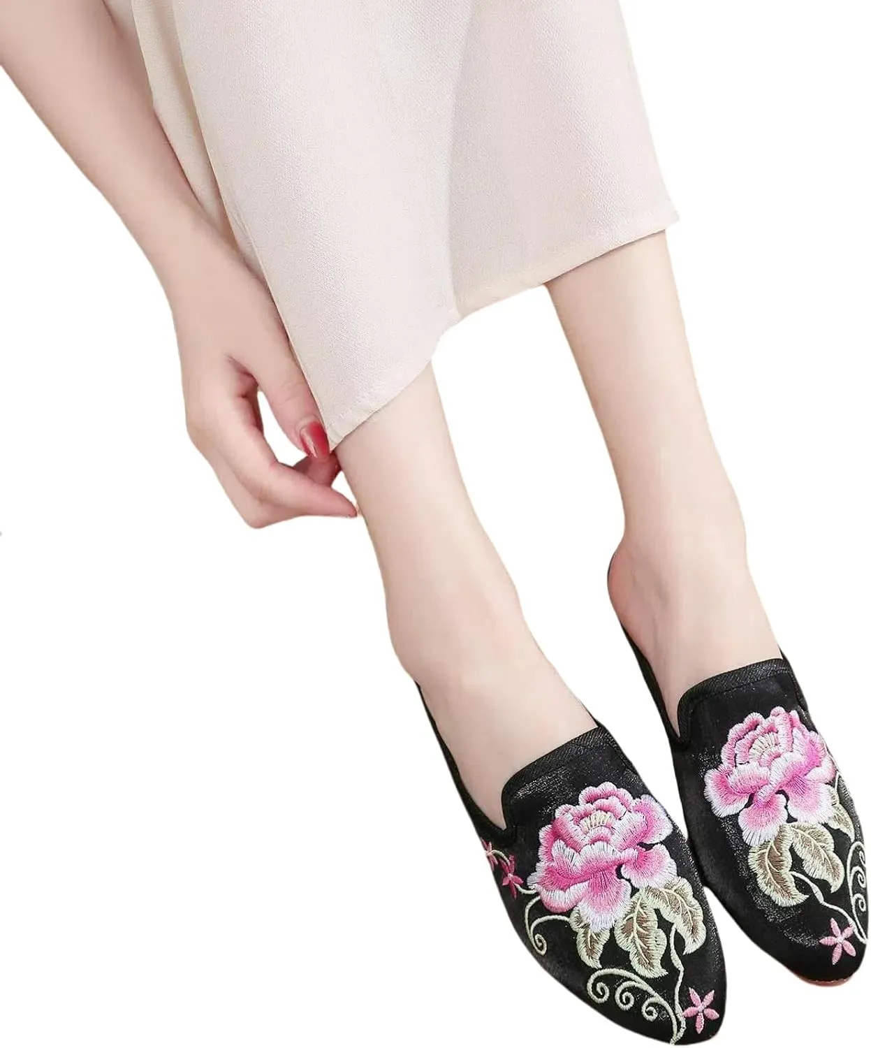 Women's Chinese floral peony embroidery with pointed toe, cosy satin, casual mules, home slippers