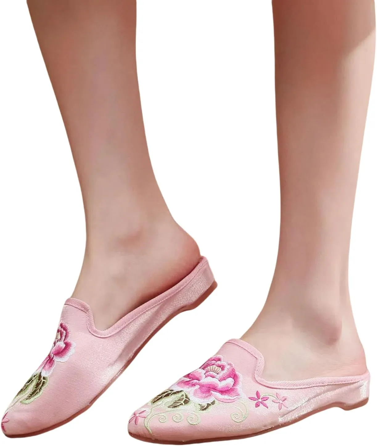 Women's Chinese floral peony embroidery with pointed toe, cosy satin, casual mules, home slippers