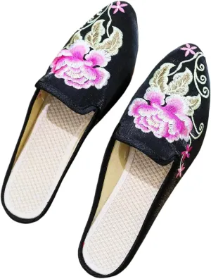Women's Chinese floral peony embroidery with pointed toe, cosy satin, casual mules, home slippers