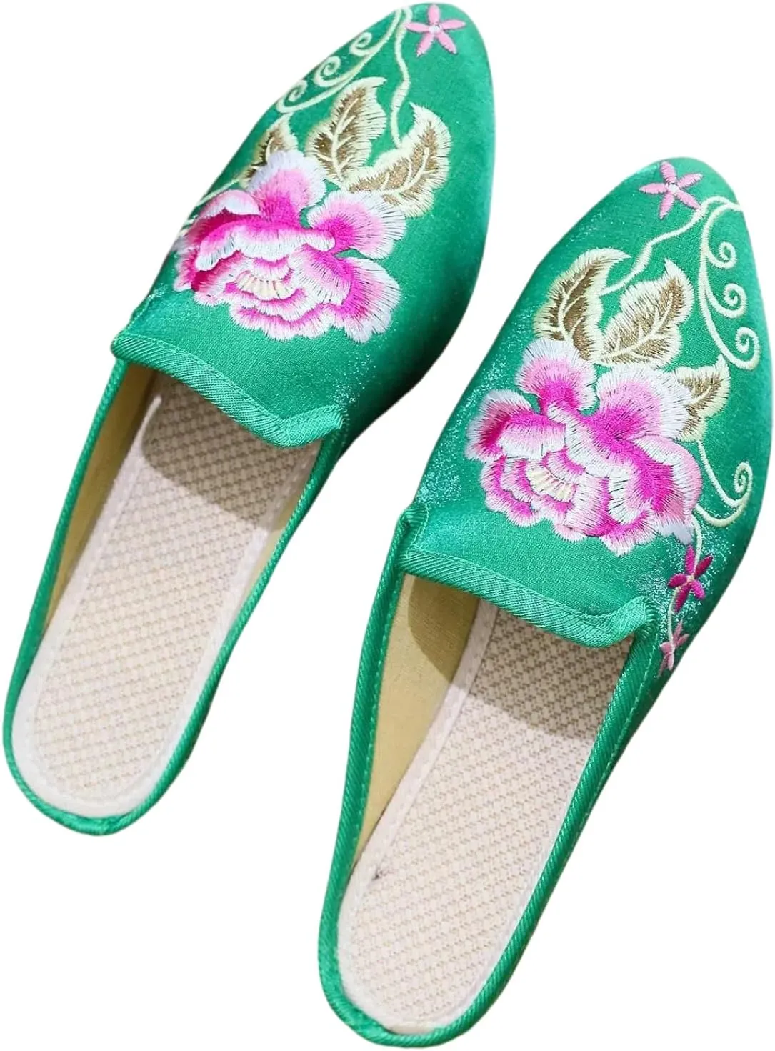 Women's Chinese floral peony embroidery with pointed toe, cosy satin, casual mules, home slippers