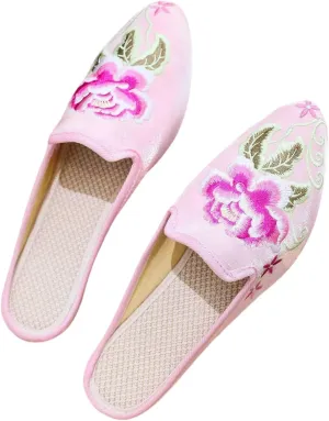 Women's Chinese floral peony embroidery with pointed toe, cosy satin, casual mules, home slippers