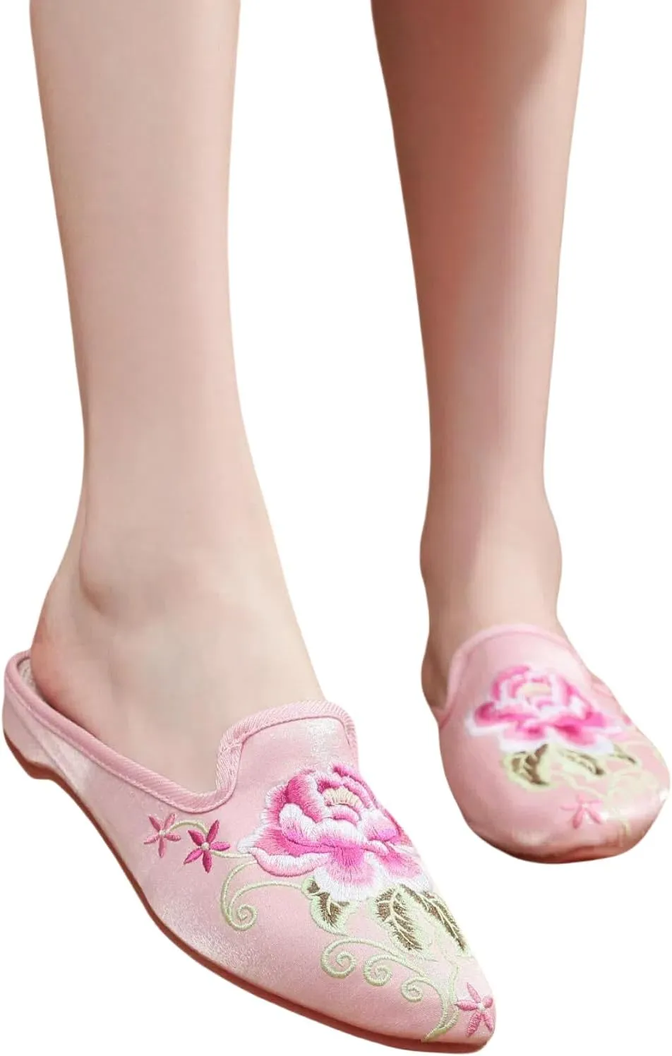 Women's Chinese floral peony embroidery with pointed toe, cosy satin, casual mules, home slippers