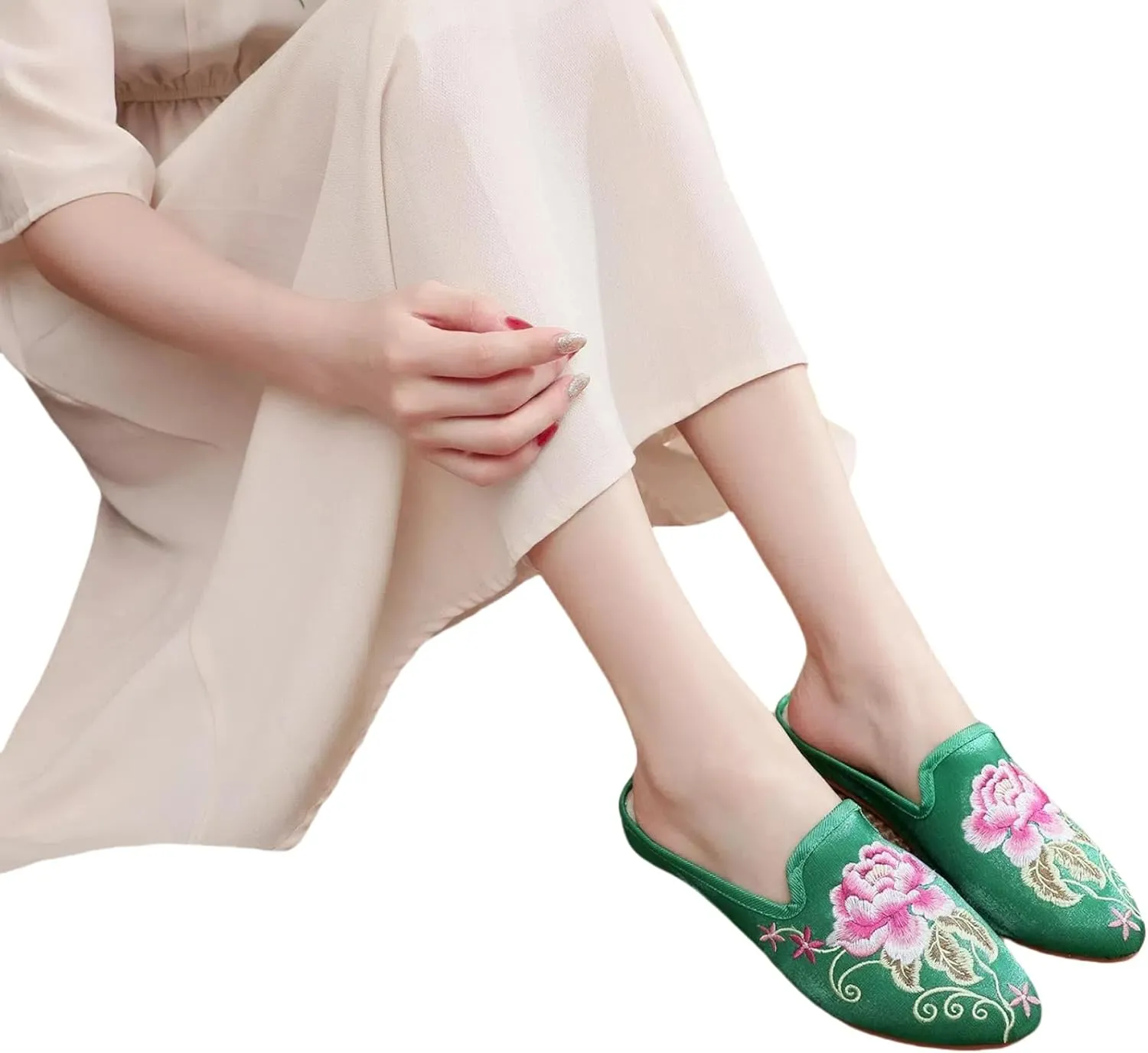 Women's Chinese floral peony embroidery with pointed toe, cosy satin, casual mules, home slippers