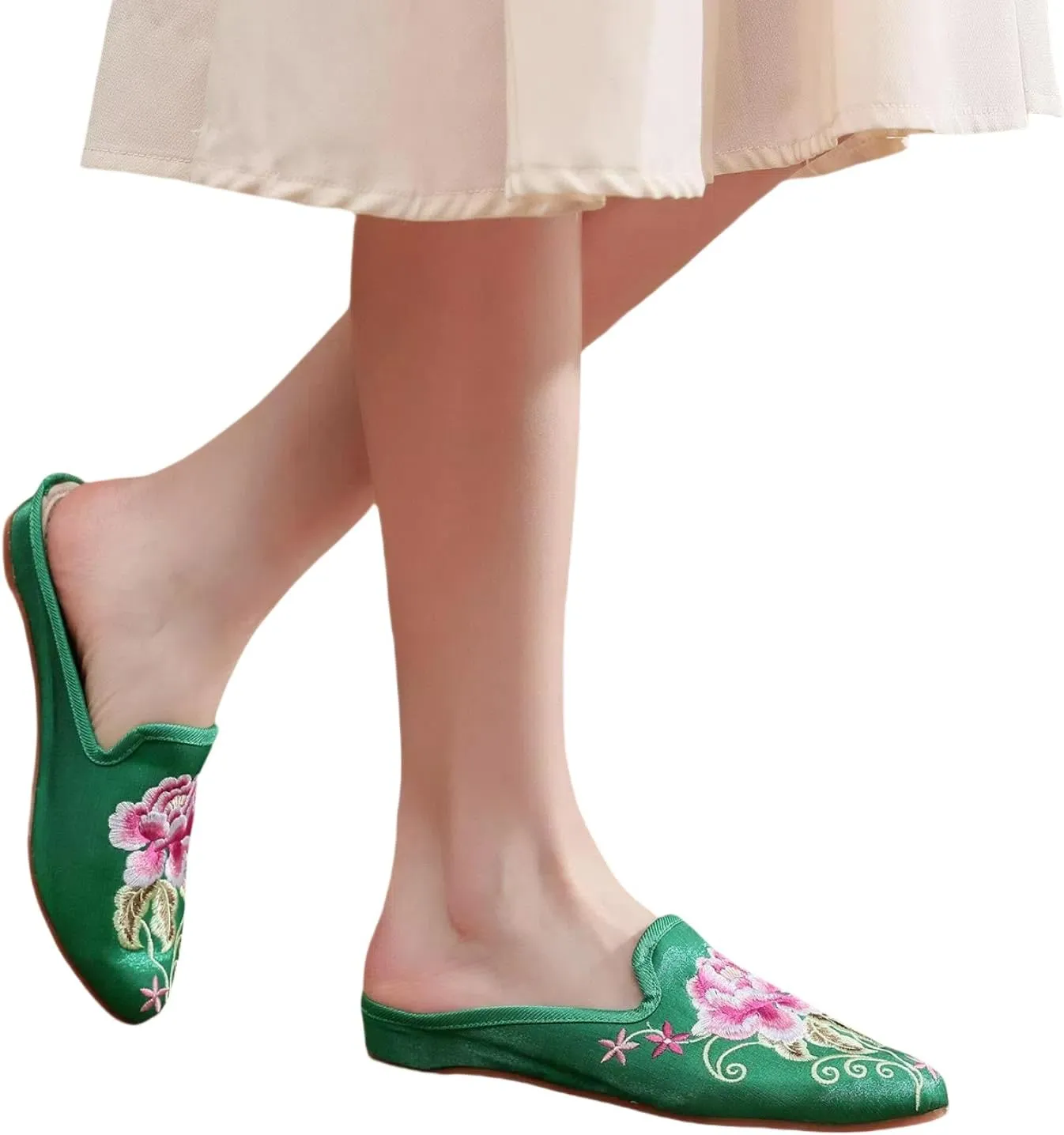 Women's Chinese floral peony embroidery with pointed toe, cosy satin, casual mules, home slippers