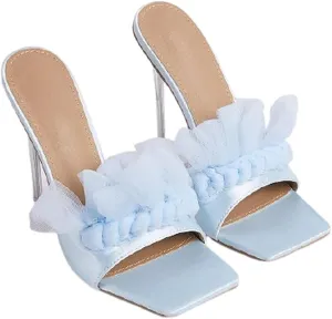 Womens Clear Heels Sandals Peep Toe Mules Stiletto High Heels Slip on Heel Shoes