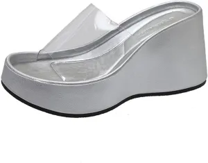 Women's Clear Strap Wedges Platform Sandals Classic Fish Mouth Memory Foam Slip-On Height Increase Slides Sandals Summer Casual Beach Walking Slippers