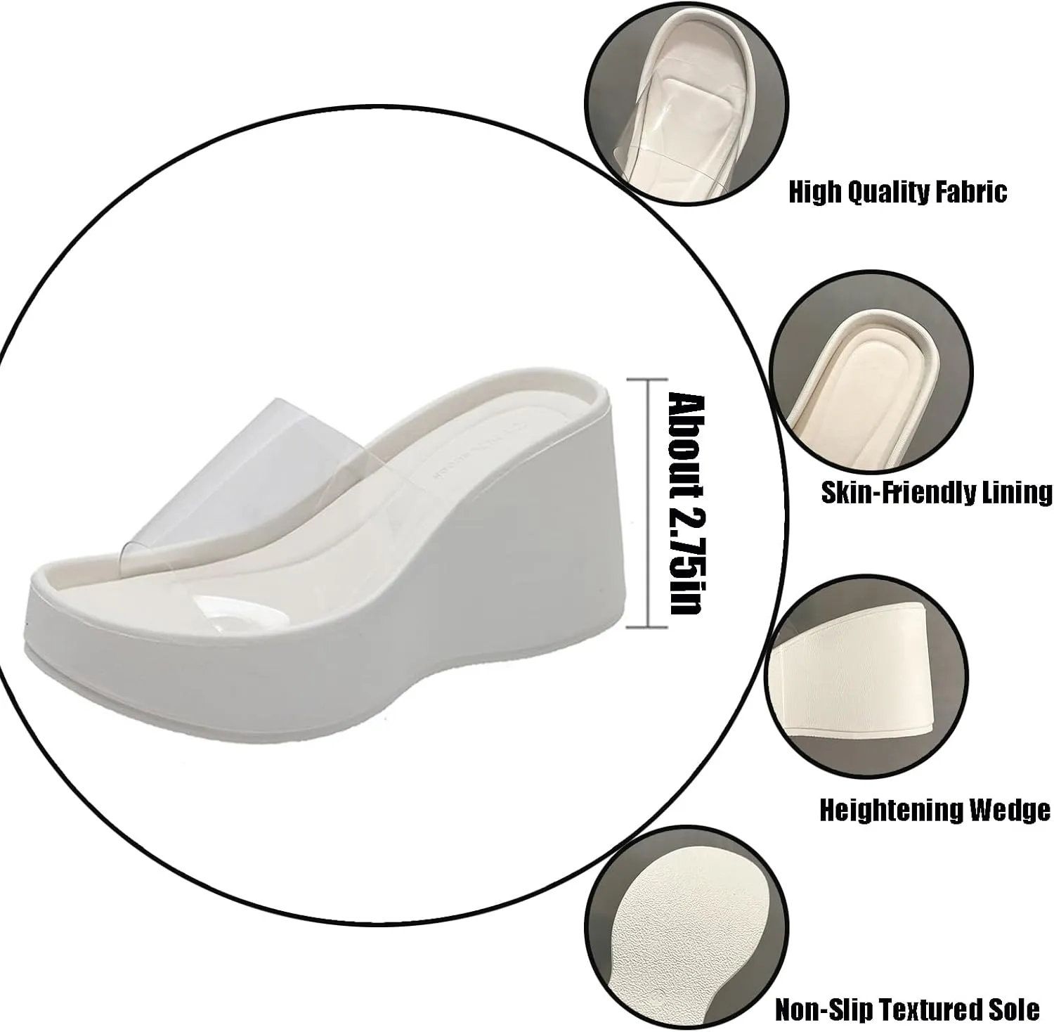 Women's Clear Strap Wedges Platform Sandals Classic Fish Mouth Memory Foam Slip-On Height Increase Slides Sandals Summer Casual Beach Walking Slippers