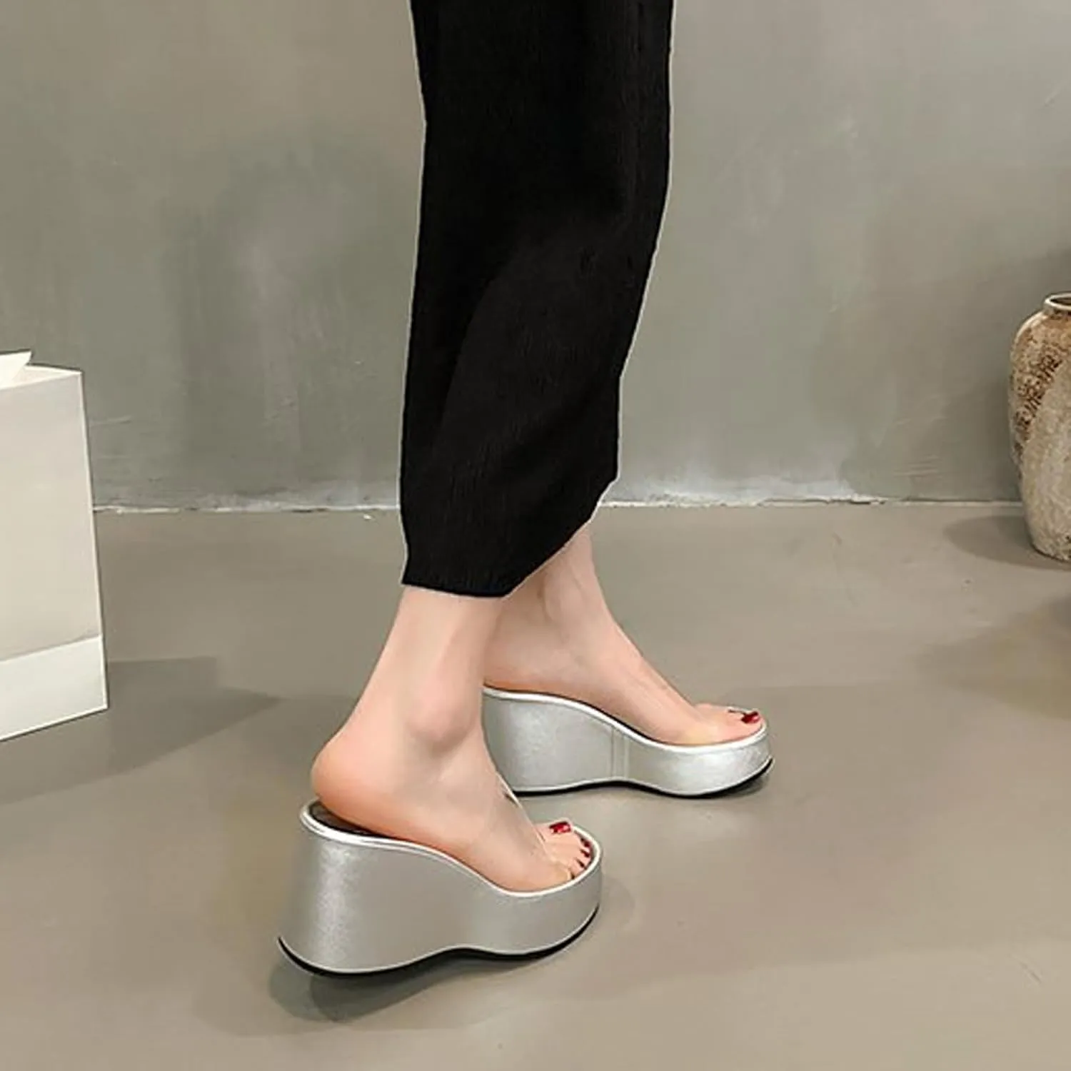 Women's Clear Strap Wedges Platform Sandals Classic Fish Mouth Memory Foam Slip-On Height Increase Slides Sandals Summer Casual Beach Walking Slippers