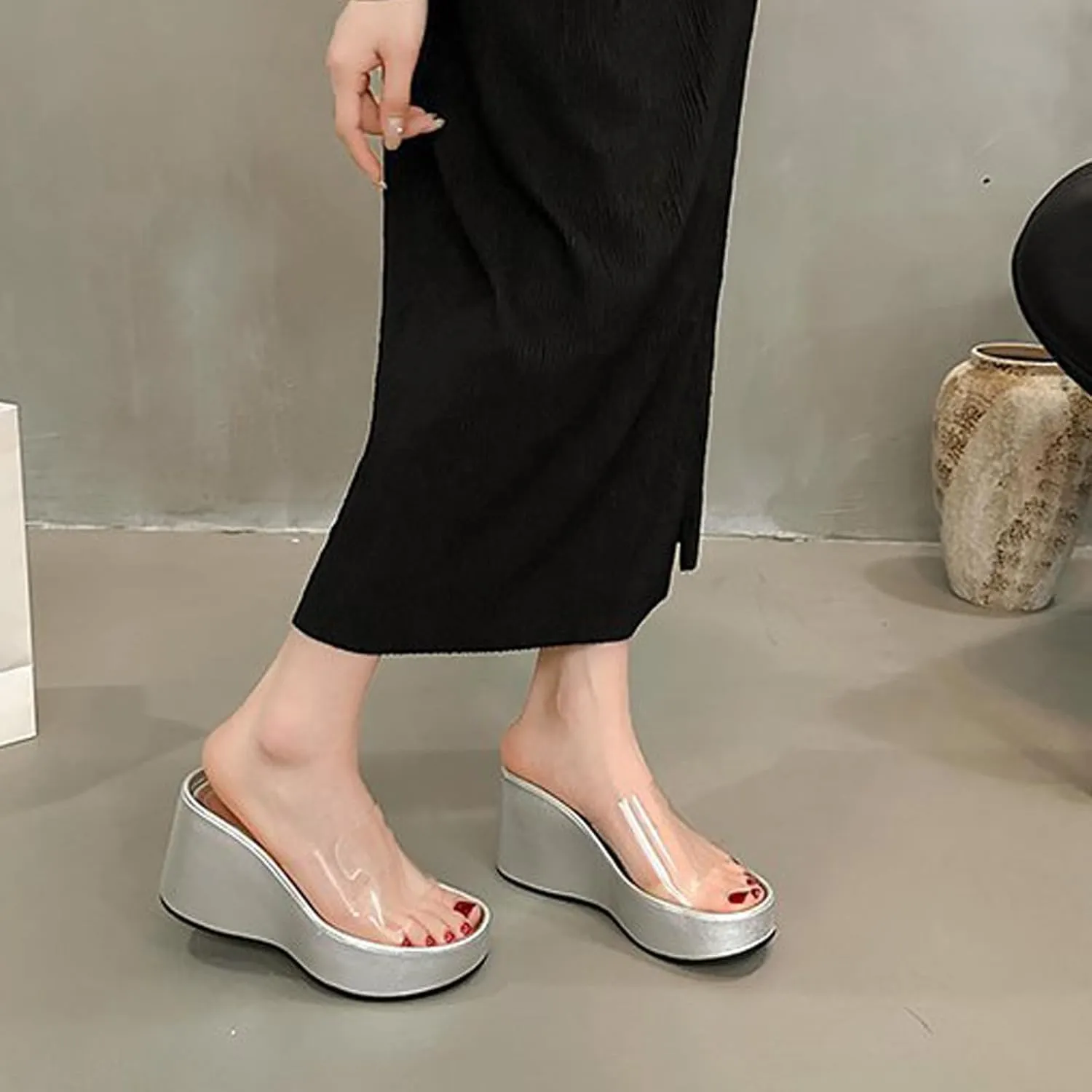 Women's Clear Strap Wedges Platform Sandals Classic Fish Mouth Memory Foam Slip-On Height Increase Slides Sandals Summer Casual Beach Walking Slippers