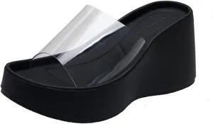 Women's Clear Strap Wedges Platform Sandals Classic Fish Mouth Memory Foam Slip-On Height Increase Slides Sandals Summer Casual Beach Walking Slippers