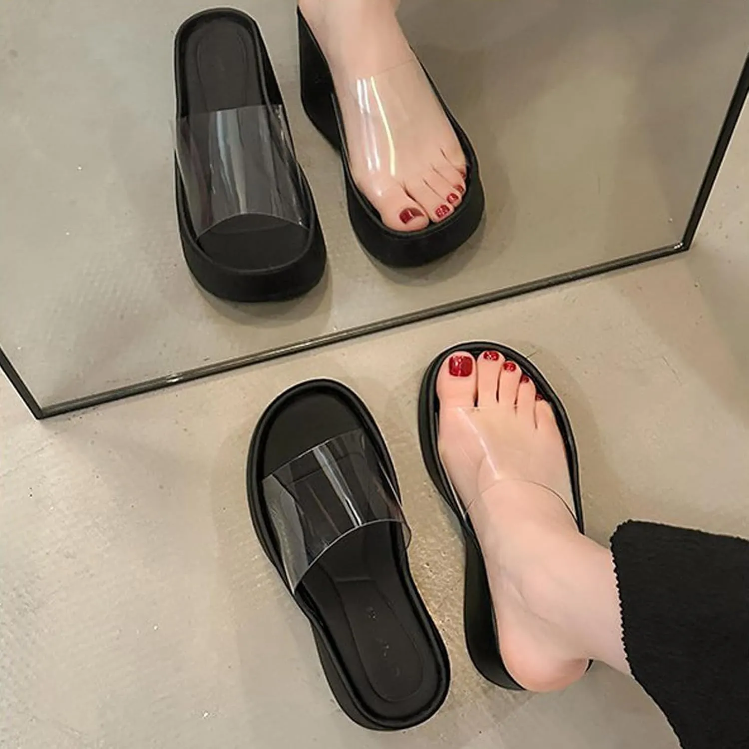Women's Clear Strap Wedges Platform Sandals Classic Fish Mouth Memory Foam Slip-On Height Increase Slides Sandals Summer Casual Beach Walking Slippers