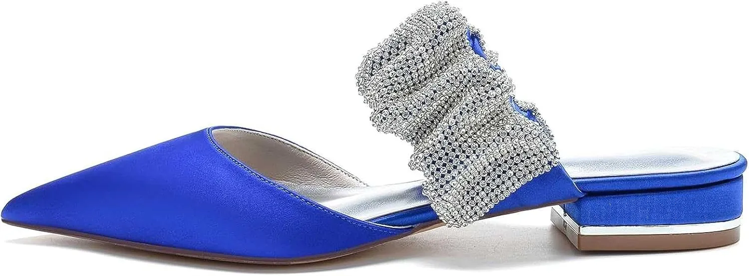 Womens Closed Pointed Toe Heels Mules Rhinestone Satin Slip On Backless Wedding Dress Shoes Sandals Evening Bridal Dress Shoes