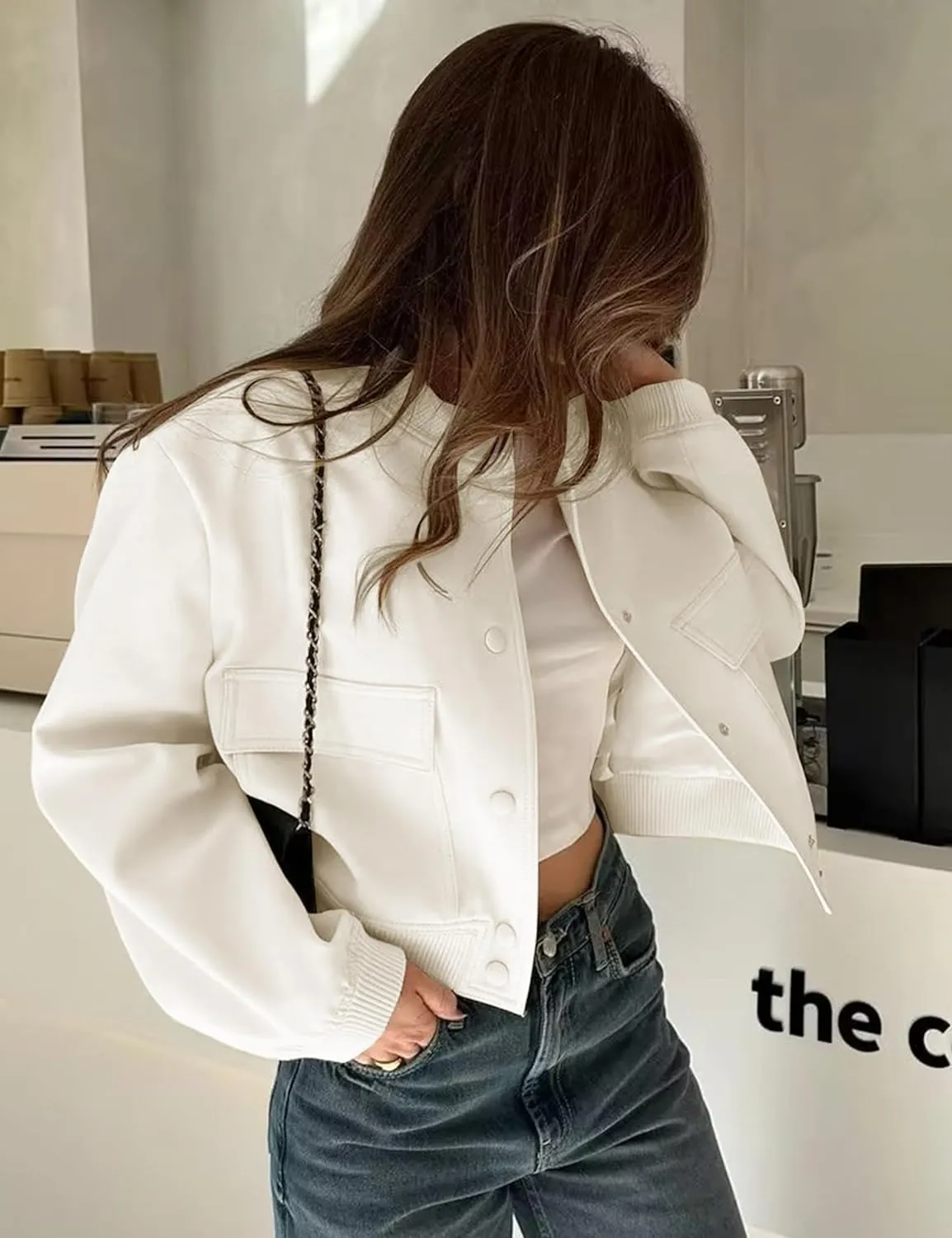 Womens Cropped Bomber Jacket Button Down Varsity Jackets Shackets with Pockets