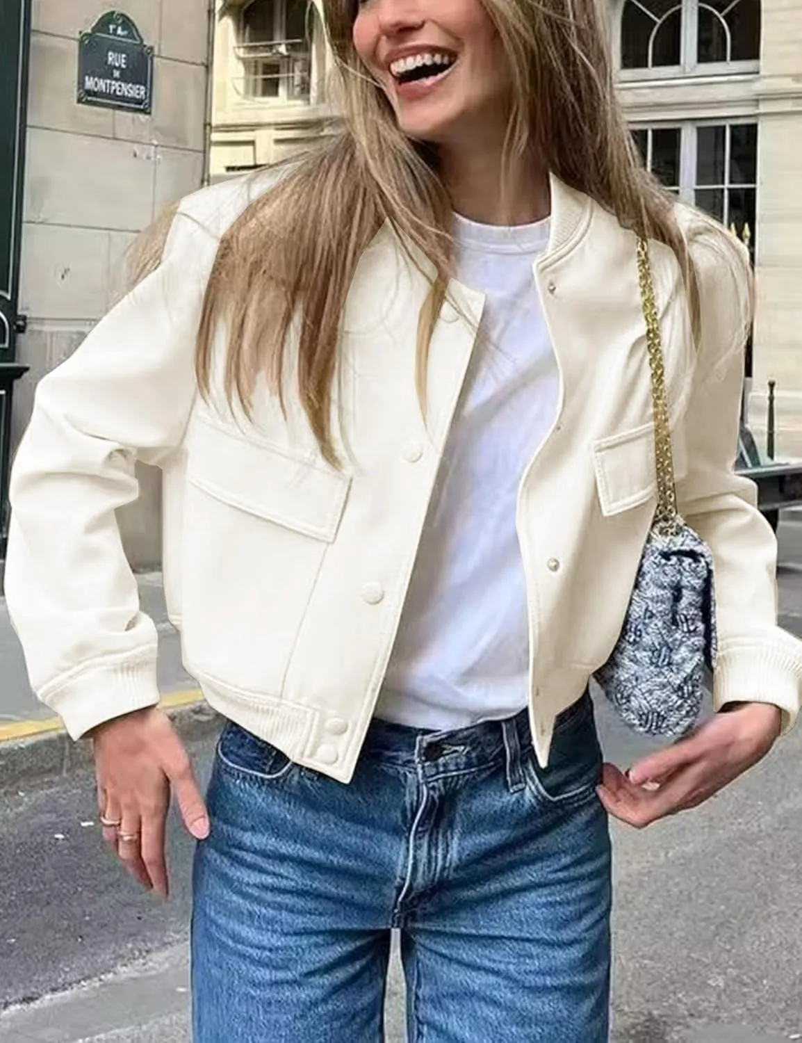 Womens Cropped Bomber Jacket Button Down Varsity Jackets Shackets with Pockets