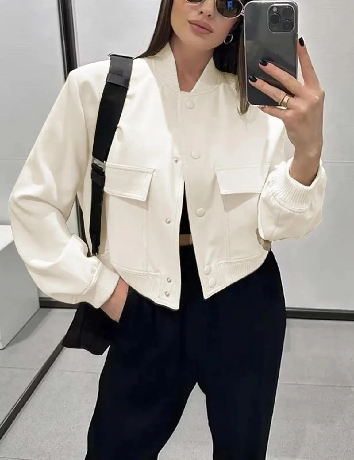 Womens Cropped Bomber Jacket Button Down Varsity Jackets Shackets with Pockets