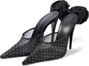 Women's Crystal Embellished Mesh Pumps Floral Applique Stilettos Pointed Toe Slip On Heeled Mules Banquet Dress Wedding Heels