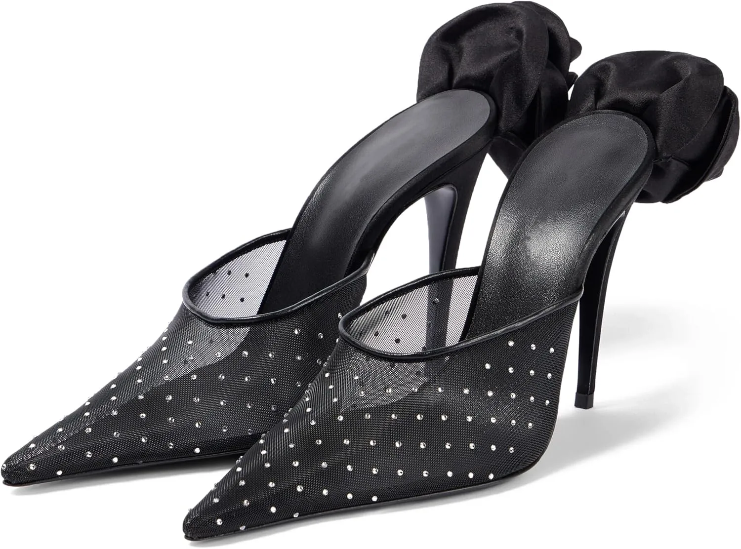 Women's Crystal Embellished Mesh Pumps Floral Applique Stilettos Pointed Toe Slip On Heeled Mules Banquet Dress Wedding Heels