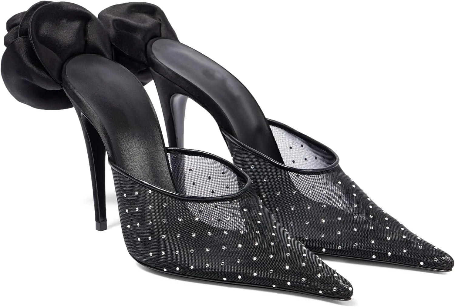 Women's Crystal Embellished Mesh Pumps Floral Applique Stilettos Pointed Toe Slip On Heeled Mules Banquet Dress Wedding Heels