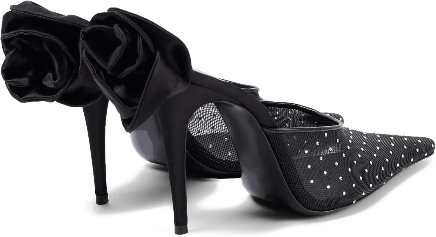 Women's Crystal Embellished Mesh Pumps Floral Applique Stilettos Pointed Toe Slip On Heeled Mules Banquet Dress Wedding Heels