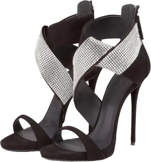 Women's Crystal Strap Peep Toe Sandals, Summer Evening Stiletto Party Heels