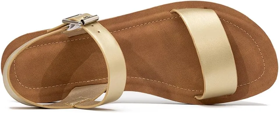 Women's Cute Open Toes One Band Ankle Strap Flexible Summer Flat Sandals With   Memory Foam