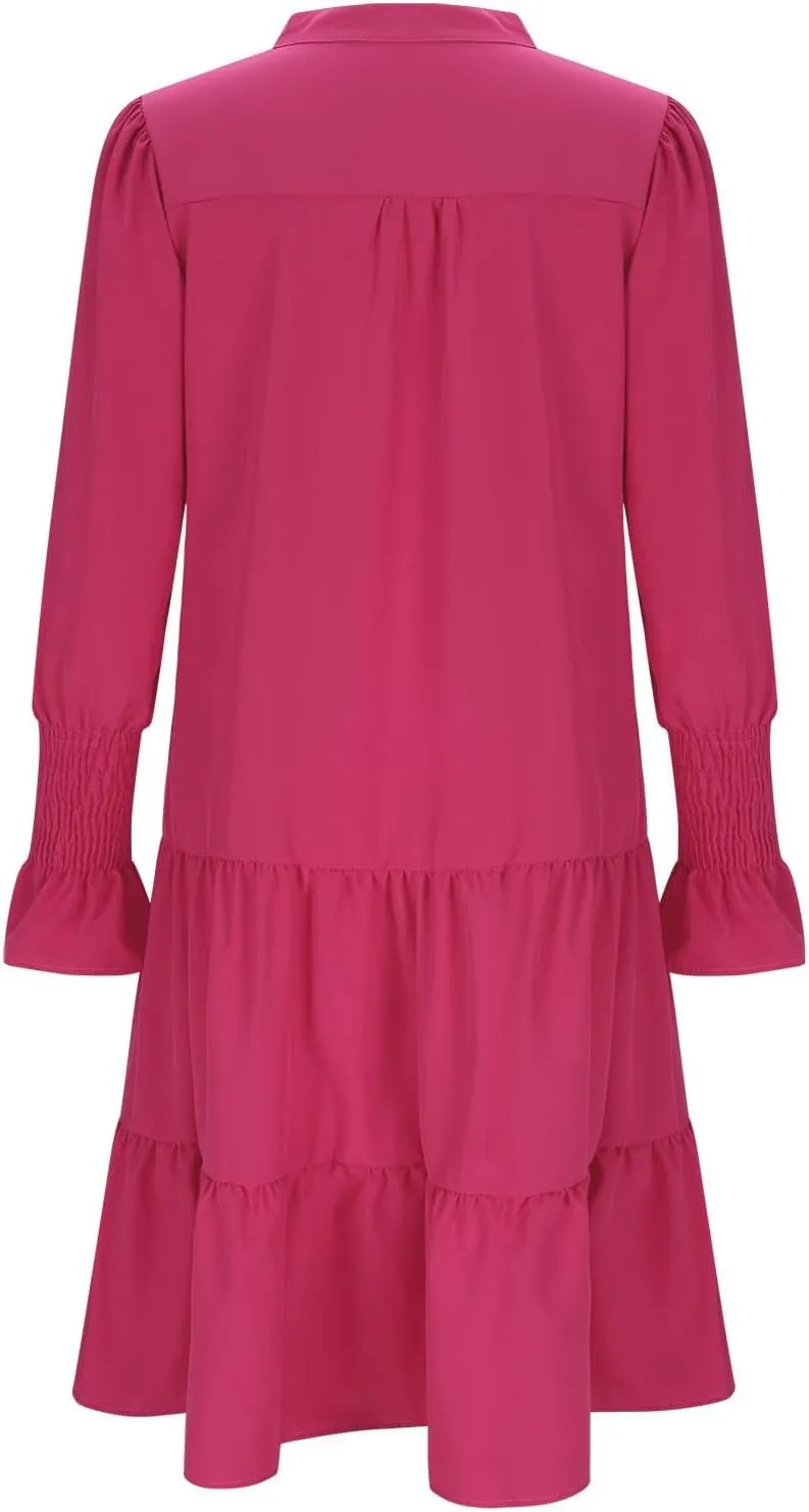 Womens Fall Dresses Causal Dressy Long Sleeve V Neck Tiered Pleated Ruffle Dress Elegant Sexy Work Solid Mini Dress