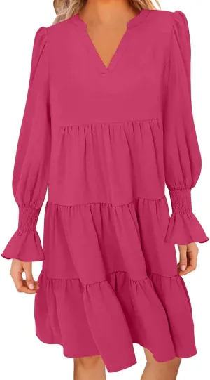 Womens Fall Dresses Causal Dressy Long Sleeve V Neck Tiered Pleated Ruffle Dress Elegant Sexy Work Solid Mini Dress