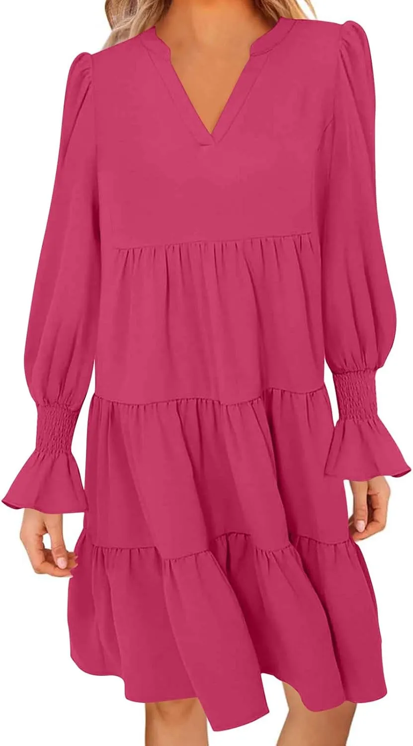 Womens Fall Dresses Causal Dressy Long Sleeve V Neck Tiered Pleated Ruffle Dress Elegant Sexy Work Solid Mini Dress