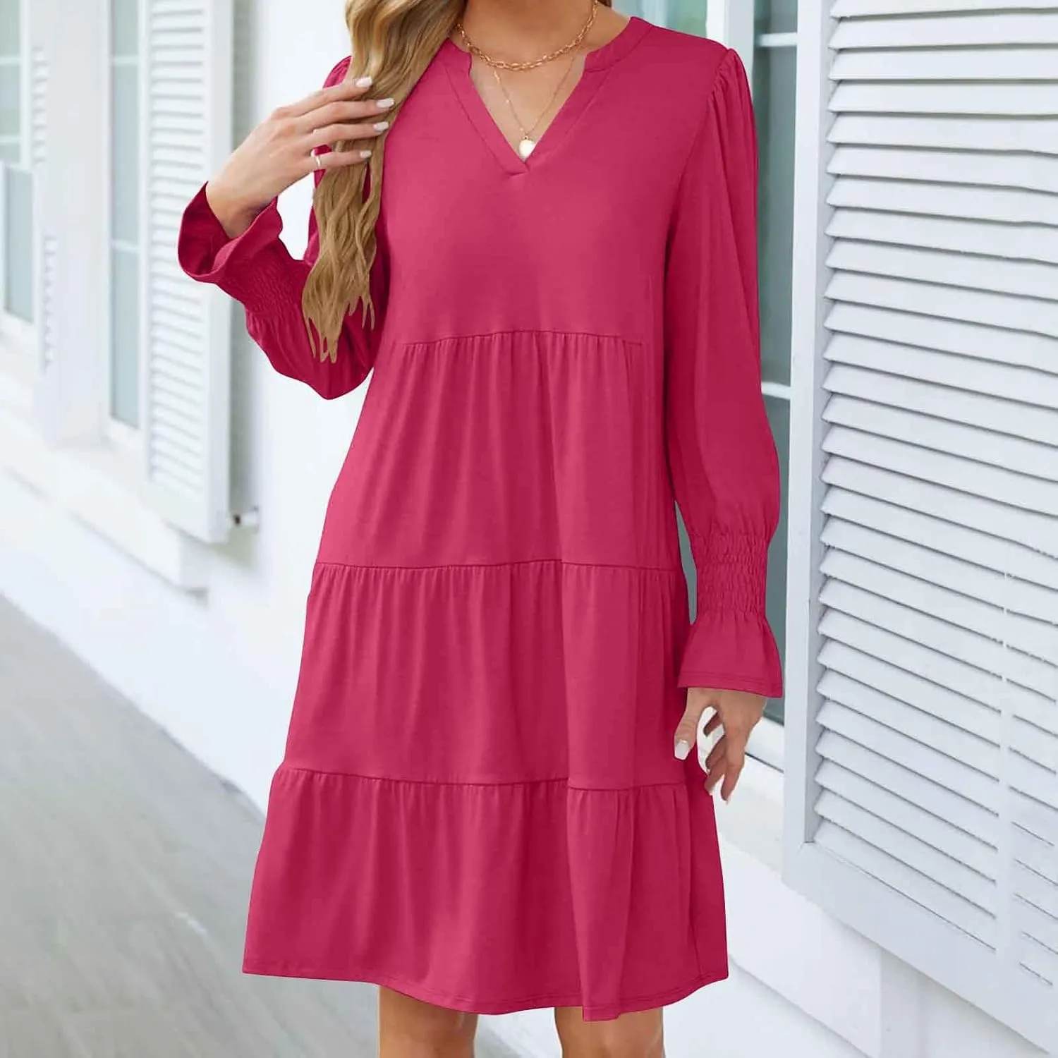 Womens Fall Dresses Causal Dressy Long Sleeve V Neck Tiered Pleated Ruffle Dress Elegant Sexy Work Solid Mini Dress