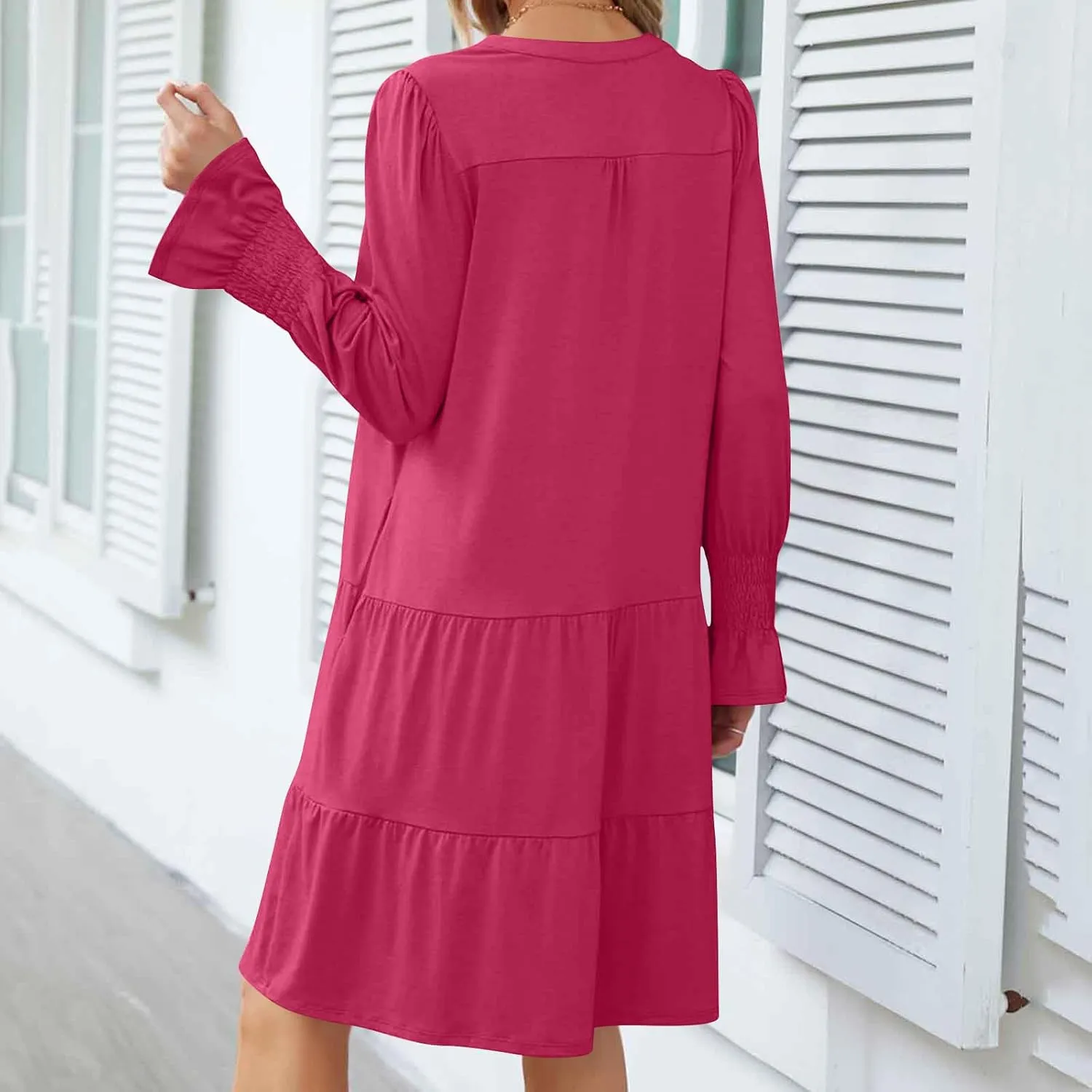 Womens Fall Dresses Causal Dressy Long Sleeve V Neck Tiered Pleated Ruffle Dress Elegant Sexy Work Solid Mini Dress