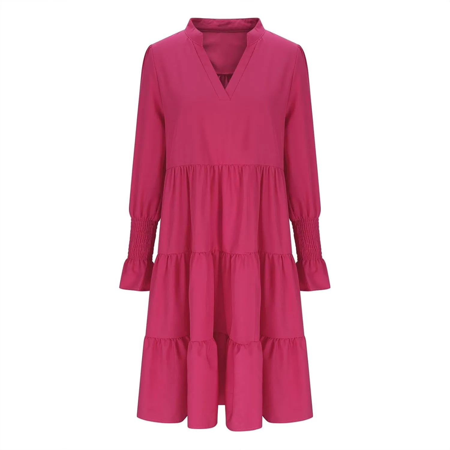 Womens Fall Dresses Causal Dressy Long Sleeve V Neck Tiered Pleated Ruffle Dress Elegant Sexy Work Solid Mini Dress