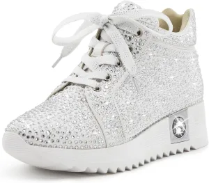 Women's Fashion Glitter Sneakers Platform Wedge Shoes Sparkly Rhinestone High Top Sneakers Trendy Sequin Shoes Wedding Bride Dress